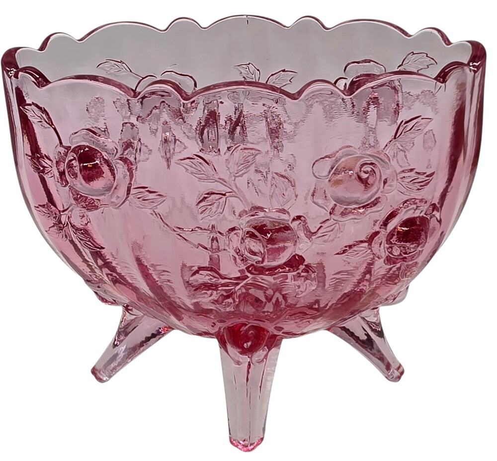 VINTAGE FENTON GLASS PINK THREE FOOTED WILD ROSE BOWL